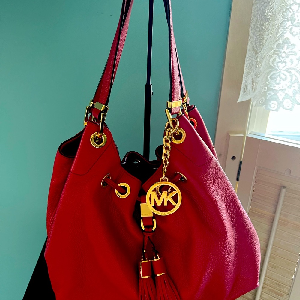 MICHAEL KORS Red Drawstring Double Handle Tassels Shoulder Bag